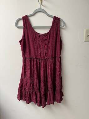 Just Cruising Deep Red Rayon Embroidered Tiered Babydoll Mini Dress